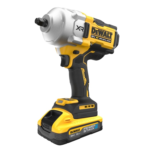 DEWALT 18V XR brushless impact wrench with PowerStack battery, yellow and black, shown on white background.
