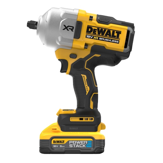 DEWALT 18V XR Brushless impact wrench with PowerStack battery, shown in yellow and black.