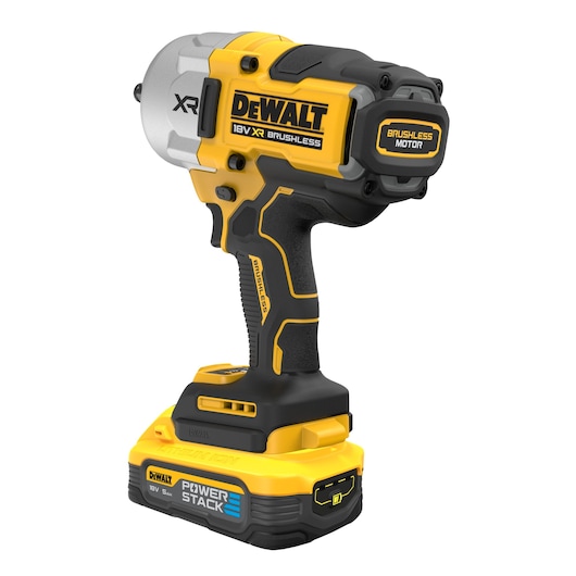 DEWALT 18V XR brushless cordless impact wrench with Powerstack battery, yellow and black design.
