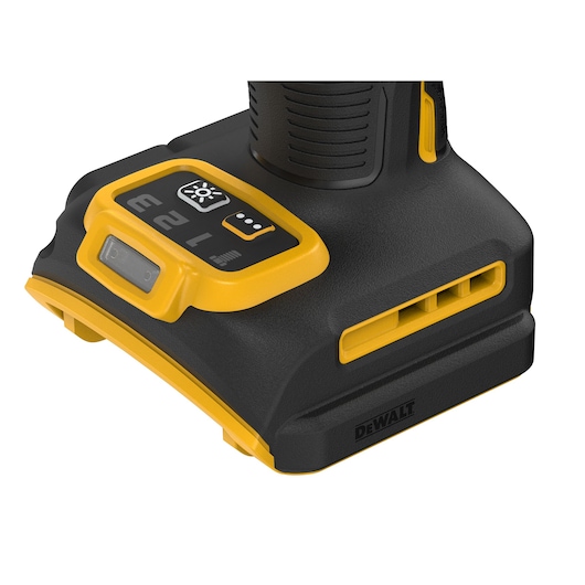 Close-up of DEWALT DCF961H2T power tool base, showing control buttons and LED indicator.