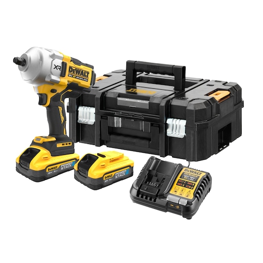 DEWALT cordless impact wrench kit with battery, charger, and black carrying case shown on white background.