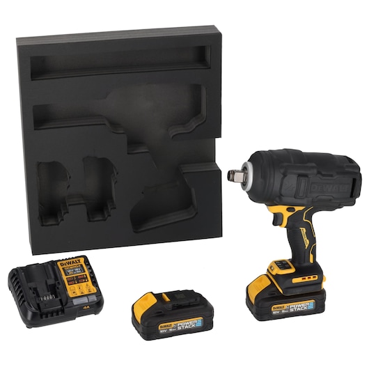 DEWALT power tool set for photography, with charger, batteries, insert. SKUs: DCF964H2G-QW, DCF964H2G.