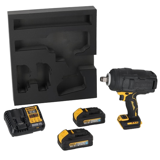 DEWALT DCF964H2G-QW, DCF964H2G set: impact wrench, charger, two batteries, foam insert. Photography category.