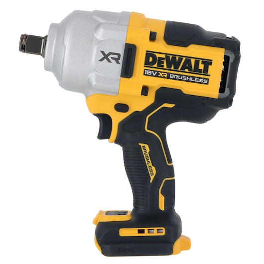 DEWALT 18V XR Brushless impact wrench, yellow and black, cordless power tool with ergonomic handle.