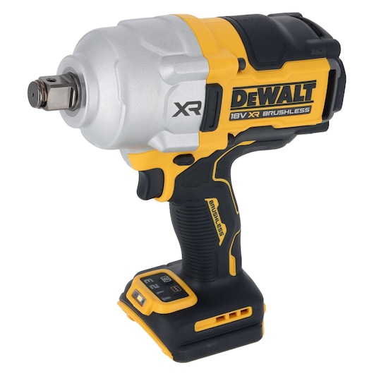 DEWALT 18V XR brushless cordless impact wrench, yellow and black, side view, no battery attached.