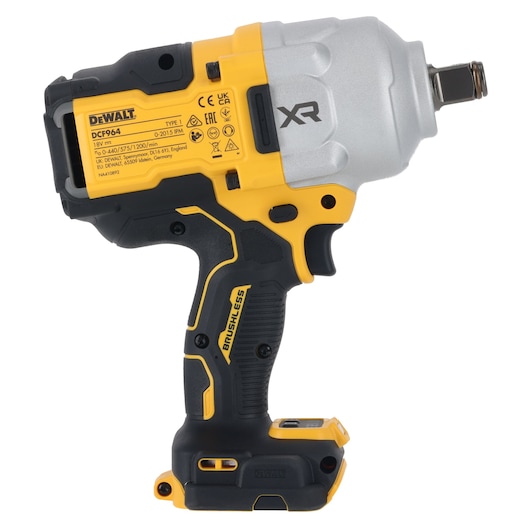 DEWALT DCF964NT cordless impact wrench with brushless motor, yellow and black, shown from the side.