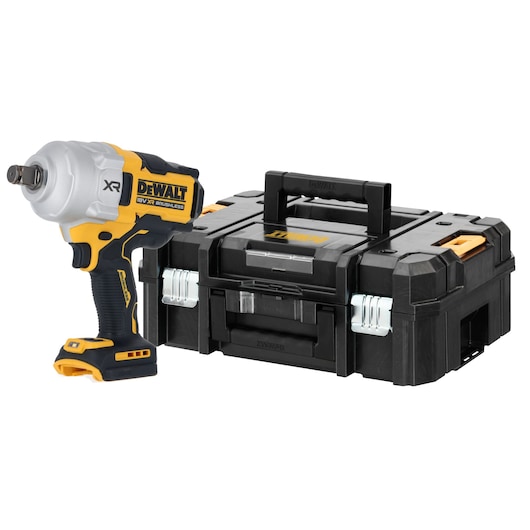 DEWALT cordless impact wrench and black tool case with yellow accents shown together.