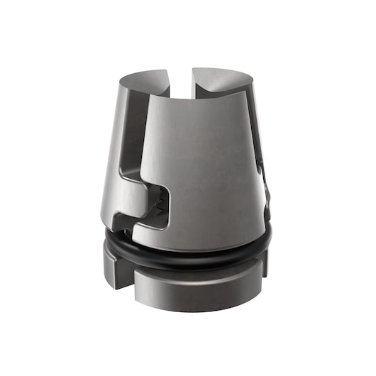 Metal DEWALT collet with black ring, used for holding tool bits, shown on a white background.