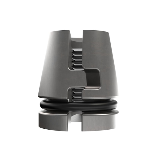 Close-up of a DEWALT metal tool accessory with grooves and a black ring, used for precision fitting.