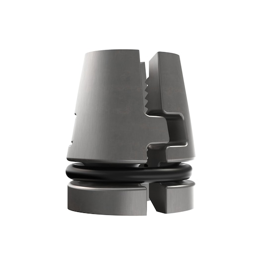 Close-up of a DEWALT metal collet with black O-ring for use with photography equipment on a white background.