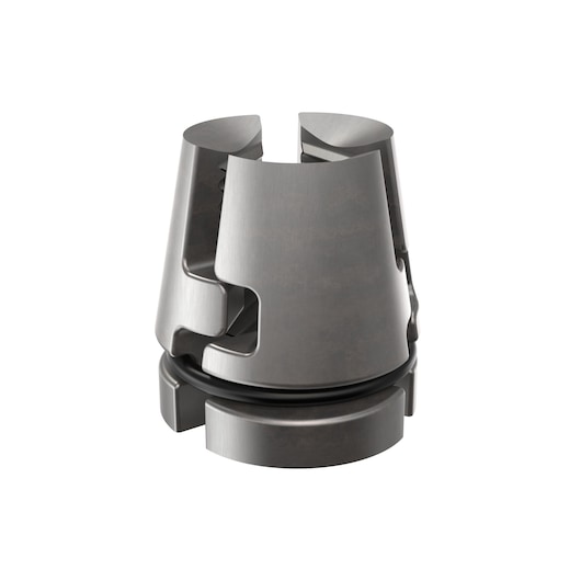 Metal industrial component with slotted design, cylindrical shape, used for machinery or tool attachment.