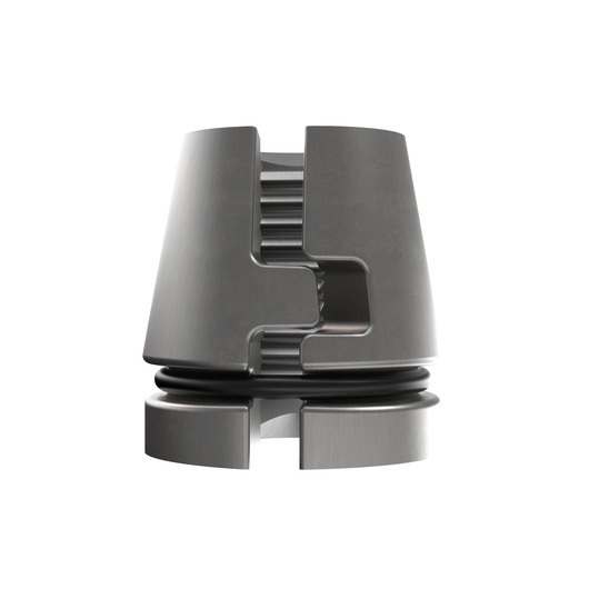 Close-up of a metal camera accessory part with grooves and O-ring, shown on a white background.