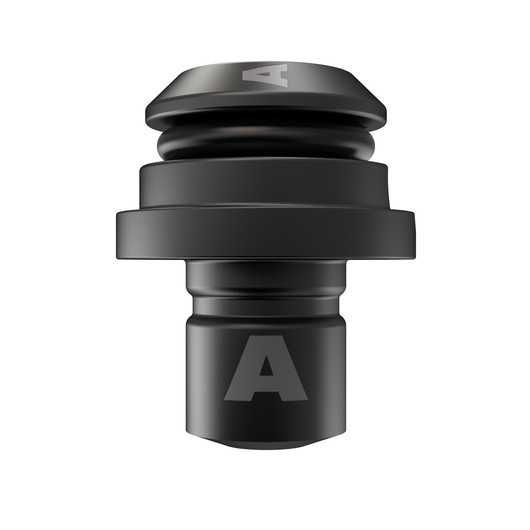 Black DEWALT connector accessory with letter A, cylindrical and ridged design, shown on white background.