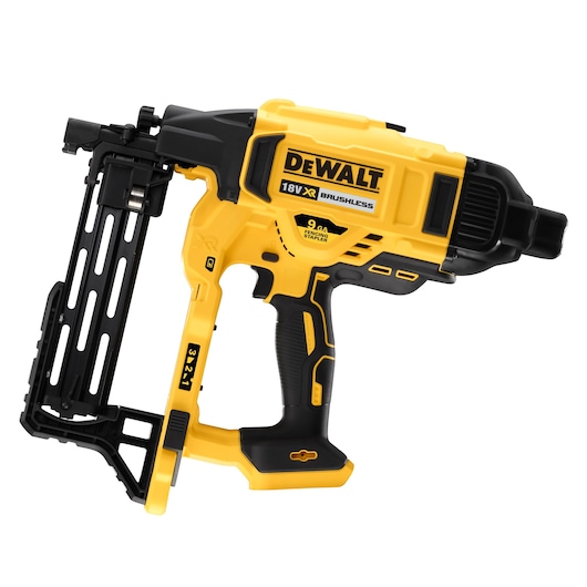 DEWALT 18V XR Brushless framing stapler with yellow and black body and ergonomic handle.