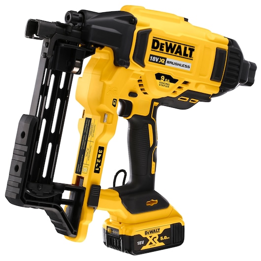 DEWALT 18V XR brushless fencing stapler tool, yellow and black, with 5.0Ah battery, shown from side view.