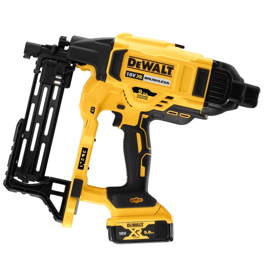 DEWALT 18V XR cordless fencing stapler in yellow and black with brushless motor and 5.0Ah battery.