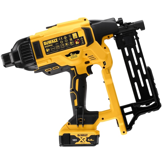 DEWALT DCFS950P2 cordless fencing stapler, yellow and black, with 18V XR lithium battery visible.