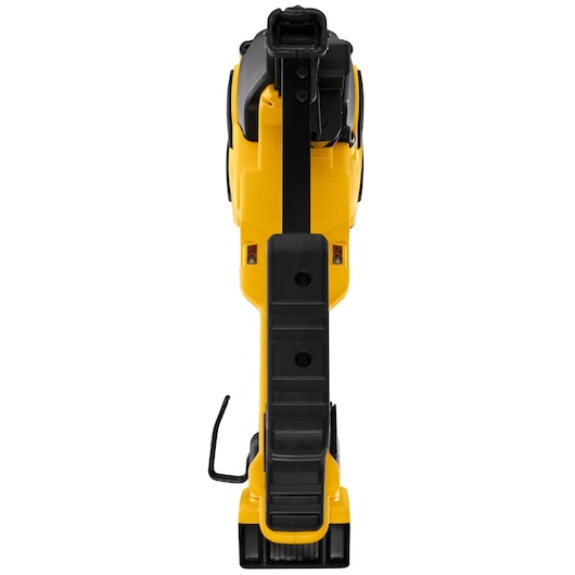 Front view of a yellow DEWALT cordless tool, vertically positioned with black handle and accents.