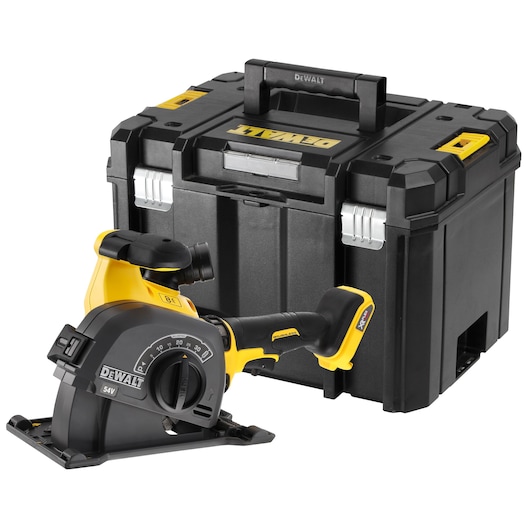 DEWALT cordless wall chaser tool with black carrying case, showing handle and adjustment dial.