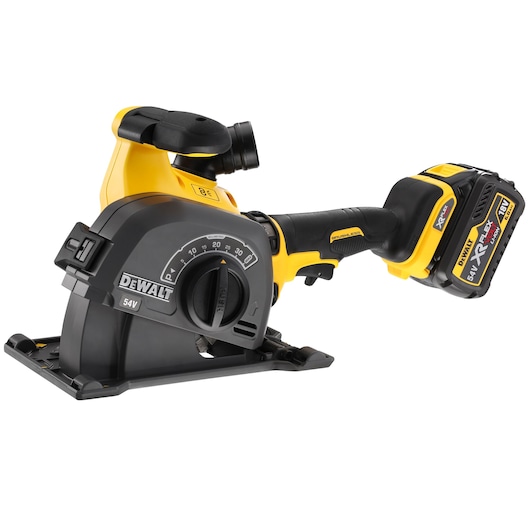DEWALT cordless wall chaser DCG200T2 with 54V battery, yellow and black, for cutting grooves in walls.