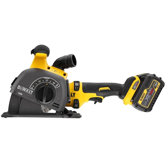 DEWALT 54V battery-powered wall chaser with adjustable depth dial for cutting grooves in walls.