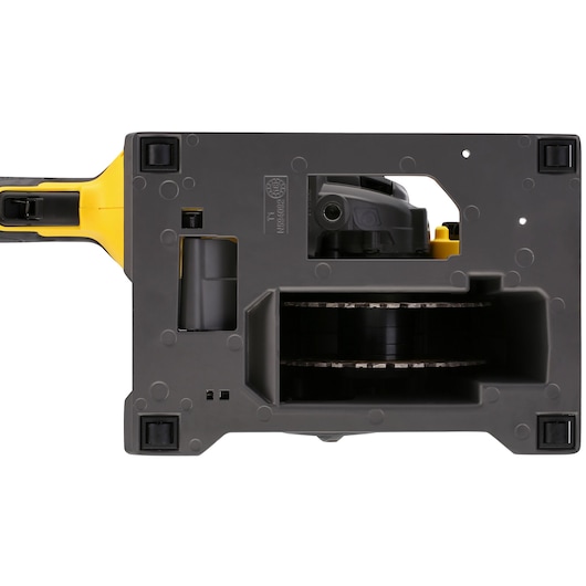 Close-up of a DEWALT DCG200T2 tool showing blade compartment and handle details.