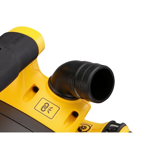 Close-up of DEWALT DCG200T2 tool exhaust port in yellow and black with connector symbol.