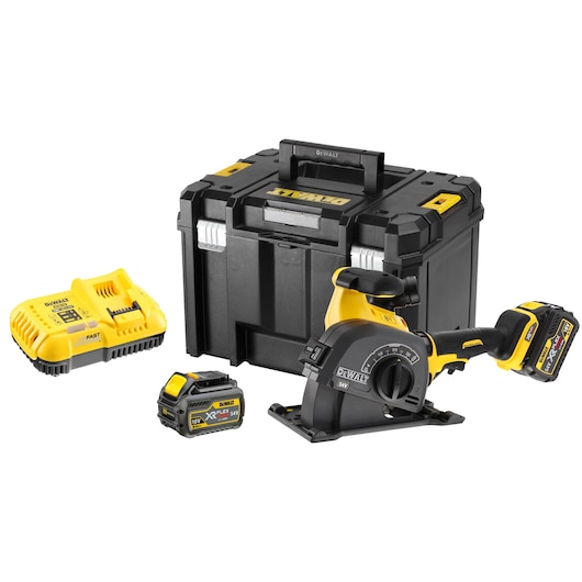 A DEWALT cordless power tool set including a wall chaser, a black and yellow carrying case, a battery charger, and two rechargeable batteries. All items are arranged neatly on a white background.