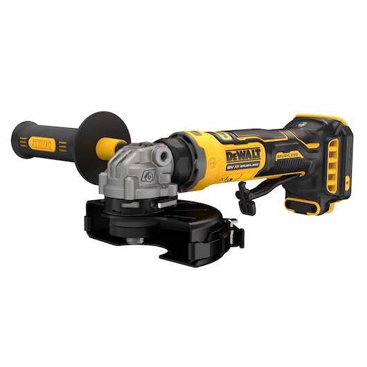 DEWALT cordless grinder DCG404NT, DCG404S2T-QW, yellow and black, side handle visible.