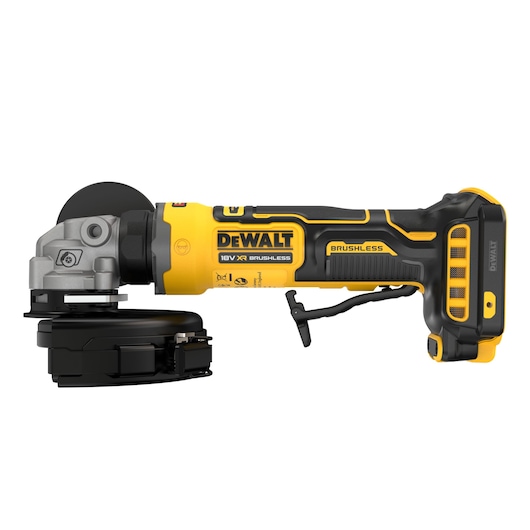 DEWALT cordless grinder. Photography product, SKUs DCG404NT, DCG404S2T-QW. Yellow/black tool shown.