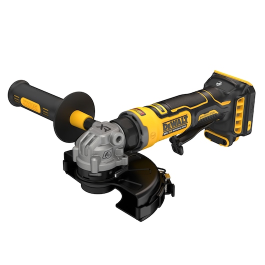 DEWALT DCG404NT and DCG404S2T-QW cordless angle grinders, yellow-black design, photography product.