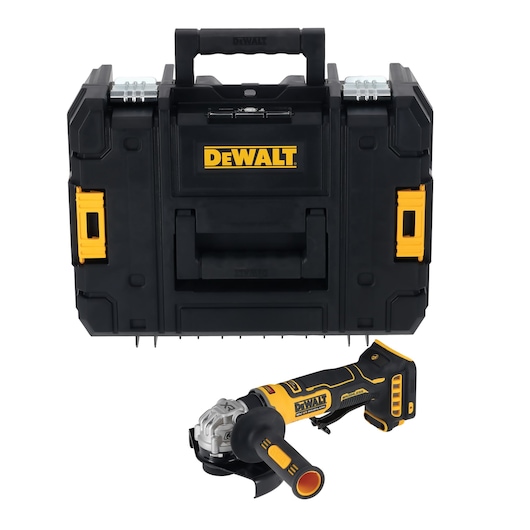 DEWALT DCG404NT and DCG404S2T-QW grinder with black case. Photography category.