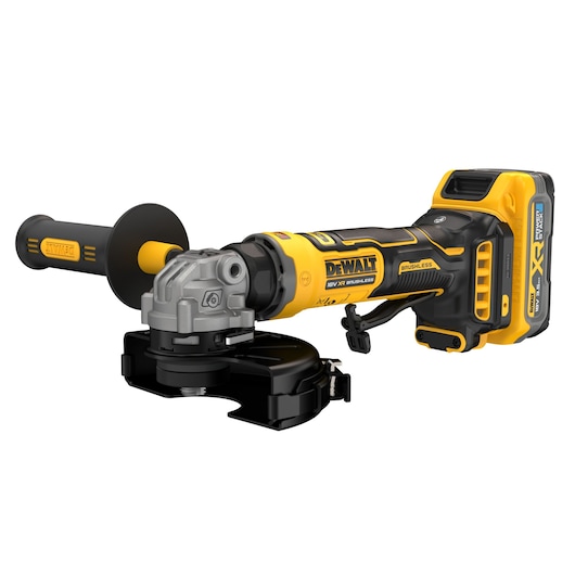 DEWALT cordless grinder DCG404S2T-QW, DCG404S2T, photography category, yellow and black tool on white.