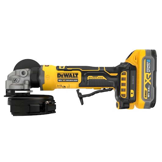 DEWALT 18V grinder with brushless motor, SKUs DCG404S2T-QW and DCG404S2T, shown side view.