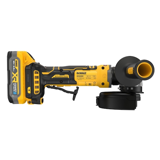 DEWALT cordless grinder DCG404S2T-QW, DCG404S2T. Yellow/black tool for photography category, side view.