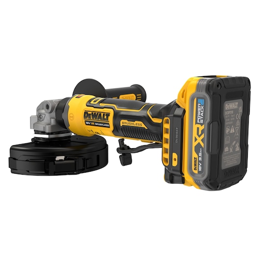 DEWALT DCG404S2T-QW, DCG404S2T cordless grinder, yellow-black, Photography category, shown from side view.