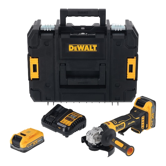 DEWALT DCG404S2T-QW, DCG404S2T tool kit with case, grinder, battery, charger. Photography category.