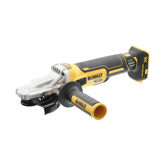 DEWALT cordless angle grinder DCG405FN with handle, black and yellow, shown on white background.