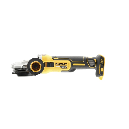 DEWALT cordless angle grinder DCG405FN with yellow and black design, shown from the side on a white background.