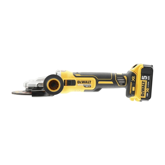 DEWALT cordless angle grinder with 18V battery, yellow and black design, side profile view.