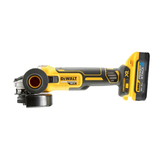 DEWALT cordless angle grinder with 18V XR Powerstack battery, yellow and black, side view on white background.