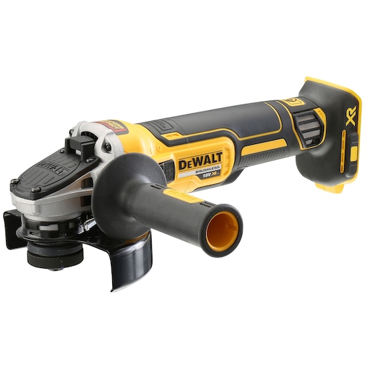 Cordless DEWALT angle grinder with yellow and black design, featuring an 18V XR brushless motor, side handle, and protective guard.