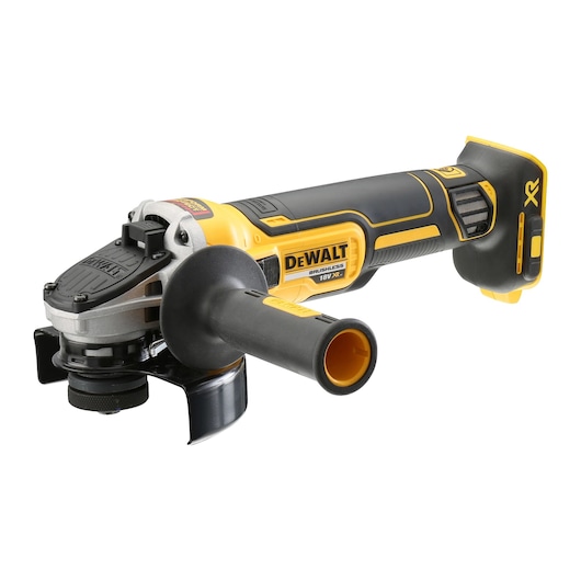 Cordless yellow and black DEWALT angle grinder, brushless, with side handle and battery slot.