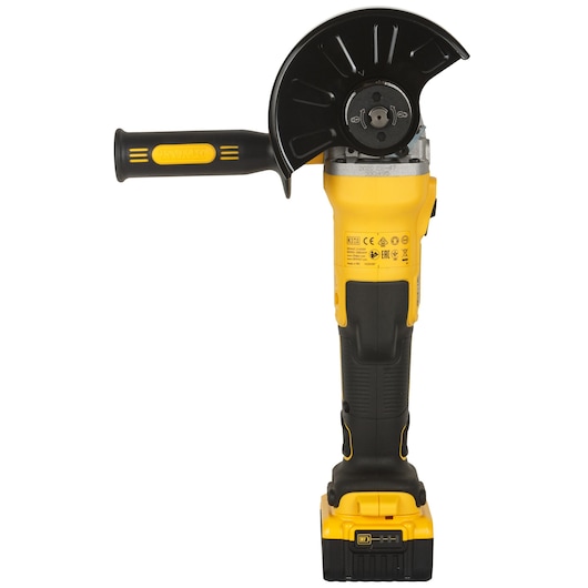 Yellow DEWALT cordless angle grinder with black handle and guard, shown upright with battery attached.