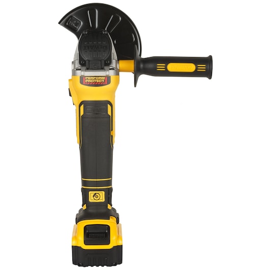 DEWALT cordless angle grinder, yellow and black, with side handle and protective guard.