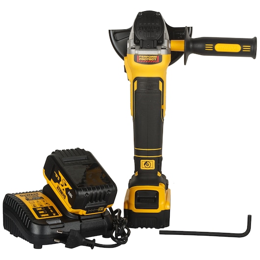 DEWALT cordless angle grinder with battery, charger, and hex key. Yellow and black color.