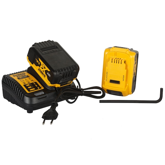 DEWALT battery charger set with plug, yellow battery pack and hex key, placed on a white surface.