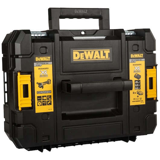DEWALT DCG405P2-QW black hard case with yellow branding, handle and product details on the sides.