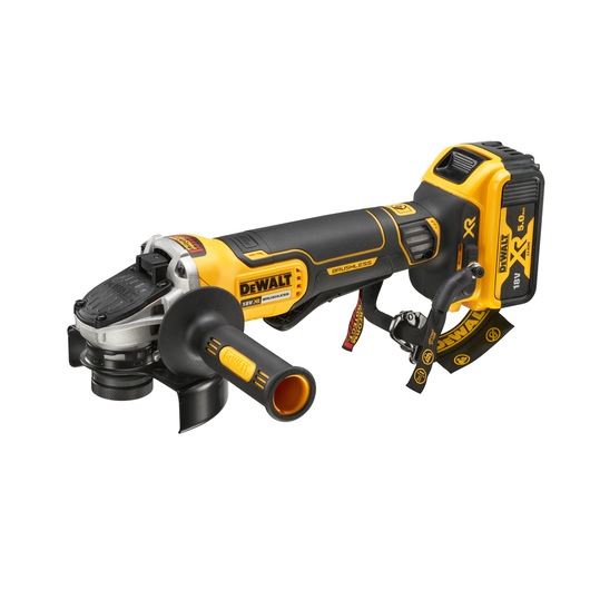 DEWALT cordless angle grinder with battery pack, black and yellow design, brushless motor.