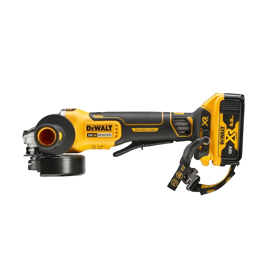 DEWALT cordless angle grinder with 18V XR battery and brushless motor, shown in a side profile view.